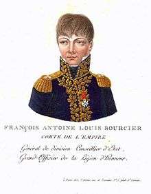 Colored print of a man in a dark blue uniform of the early 19th century. The label reads François Antoine Louis Bourcier.