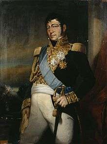Painting of a large man from head to knees, holding a sword. He wears a dark blue military uniform with lots of gold lace at the breast and cuffs, gold epaulettes, and white breeches.