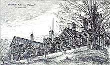 A sketch of the exterior of the side of a large building atop a hill with a tree in the foreground.