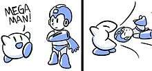 Kirby and Mega Man drawn in simple shades of blue as part of a comic strip
