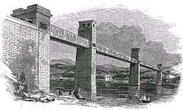 Drawing of bridge as rectangular tunnel supported by stone trestles in river below.