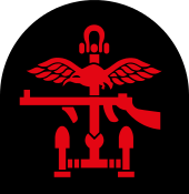Insignia of Combined Operations units it is a combination of a red Thompson submachine gun, RAF wings and an anchor on a black backing