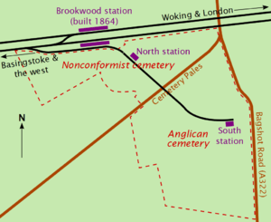 Irregularly shaped plot of land, with a railway line and station as the top boundary. A road marked "Cemetery Pales" bisects the plot of land into sections marked "Nonconformist" and "Anglican". A branch from the railway line runs through these two sections, with a station roughly in the centre of each.