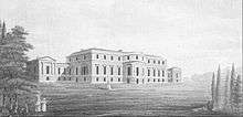 Drawing of a large country house with wings