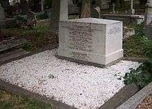 A cubical white marble work of masonry, approximately three feet wide, 18 inches deep and two-foot high, inscribed with names of members of the Brunel family, surrounded by marble chippings