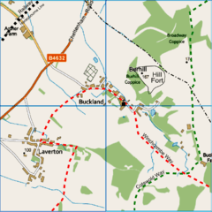 Map showing the villages of Laverton and Buckland, with the routes of the long distance footpaths.
