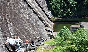 A group of people descend single-file down a long, steep stairway attached to the backside of a river dam.