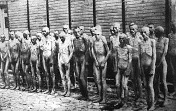 A group of some 25 naked, severely malnutritioned Soviet prisoners of war standing in three rows against a wooden wall.