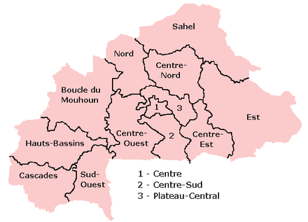 A clickable map of Burkina Faso exhibiting its 13 administrative regions.