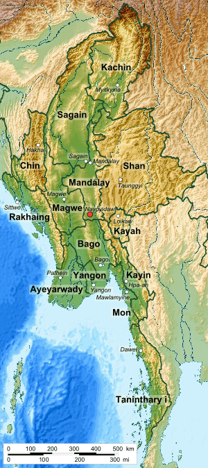 A clickable map of Burma/Myanmar exhibiting its first-level administrative divisions.