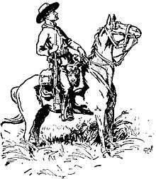 Baden-Powell's sketch of Chief of Scouts Burnham, Matopos Hills, 1896. Burnham is seated on a horse with his rifle at his side, and he is wearing his Stetson hat and neckerchief. Both Burnham and his horse are shown profile, facing right.