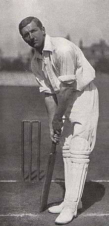 A cricketer in his batting stance.