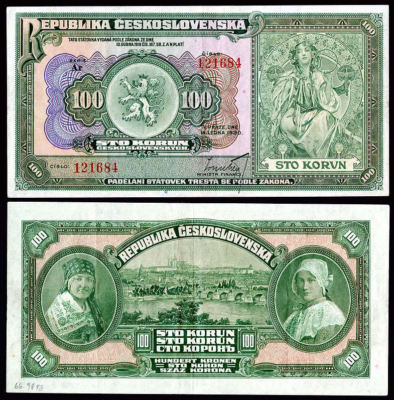 Mucha-designed artwork on a 1920 Republic of Czechoslovakia 100 korun note.