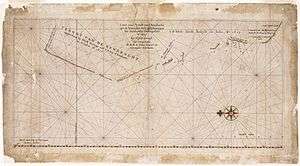Caert van't Landt van d'Eendracht - An image of the chart which is oriented with north to the left and shows the degrees of latitude on the bottom of the chart