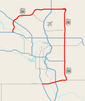 Stoney Trail encircles the northern, eastern, and southern portions of Calgary, with the southwest section of the road currently under construction.