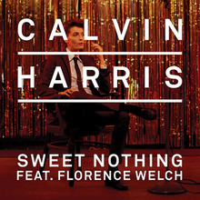 The cover features Florence Welch wearing a suit and tie while sitting on a black chair with her right leg over her left. Behind her is a golden curtain. The word "Calvin Harris" is underlined, written in capital letters and appear on top overlapping Florence. The words "Sweet Nothing" and "Feat. Florence Welch" are also written in capital letters and appear below the main artist.