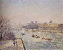Impressionist painting of a steamboat and two other boats passing by the Louvre.
