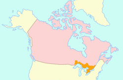 Map of Upper Canada (orange) within British North America (pink)