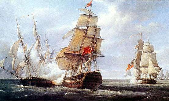 The Action of 21 April 1806 as depicted by Pierre-Julien Gilbert. In the foreground,  aborts her attempt at raking Cannonière under the threat of being outmanoeuvered and raked herself by her more agile opponent. In the background, the Indiaman Charlton fires her parting broadside at Cannonière. The two events were in fact separated by several hours.