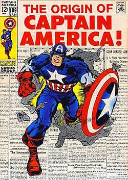 Captain America bursting through a page of newspaper