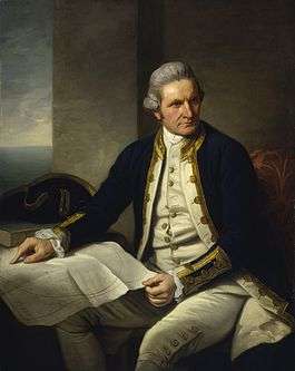 A painting of Captain James Cook in uniform sitting down in front of a map