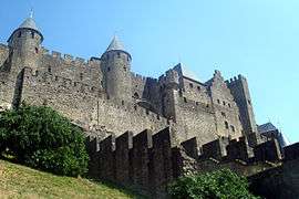 A medieval castle-style wall sits on a heavy incline alongside flora.