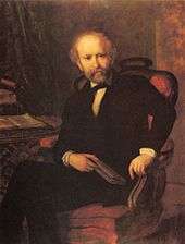 Painting of the poet sitting in an armchair, dressed in a dark suit