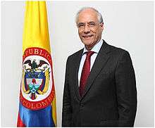 Official portrait of Minister Rodado Noriega standing by the Flag of the President of Colombia
