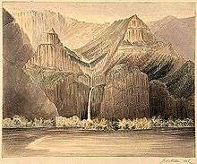 Artist's rendering of a tall, narrow waterfall cascading down a series of vertical or nearly vertical rock faces into a big river. Mountains, largely devoid of vegetation, rise on both sides of the waterfall and connect to a range of mountains in the background.