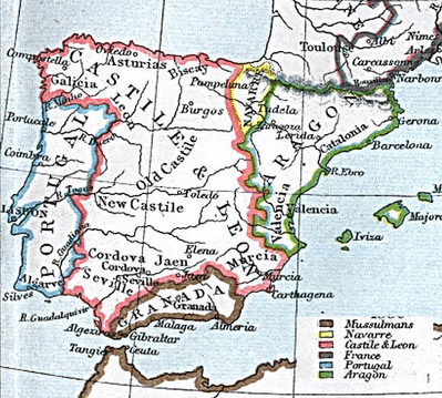 The five kingdoms of Iberia in 1360. The territory of the Emirate of Granada was reduced by 1482, as it lost its grasp on Gibraltar and other western territories.