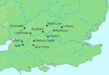 A map showing places in central southern England, including Gloucester, Cirencester, Bath, and Aylesbury