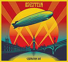 A yellow and red drawing of a zeppelin flying over the Thames in front of Big Ben and the Palace of Westminster, illuminated by spotlights