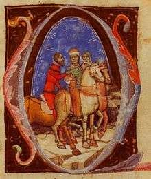 A young man riding a horse is accompanied by two elderly horsemen