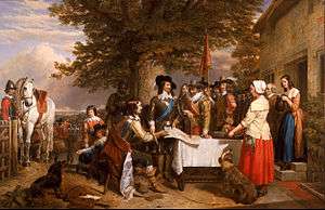 The painting is of a group of 17th century men and women, under a large tree in front of a stone building. The King, in armour does appear to be listening to this group, mostly consisting of his advisors. Prince Rupert is sat to the right, pointing to a map on the table. A dog sits under the table, whilst a retainer with a horse waits on the left of the scene. Two women dressed in domestic clothes are paused on the right of the scene.
