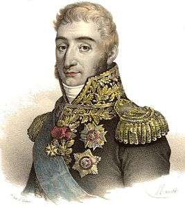 Colored print of a man with dark eyebrows and a cleft chin. He wears a military uniform of the Napoleonic era with a high collar, gold braid and epaulettes.