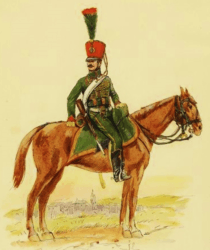 Painting of a man on horseback with a red shako on his head. He wears a green hussar jacket and green breeches and had a carbine at his side.