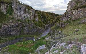 Exposed limestone cliffs on either side of a road with cars on it.