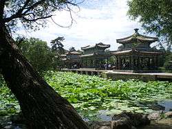 Several pavilions near a lotus pond.