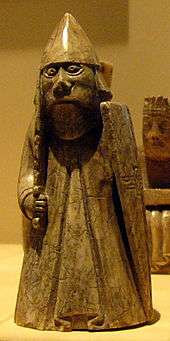 Photograph of one of the gaming pieces that make up the Lewis chessmen