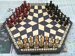 96-cell hexagonal chessboard with white, black, and red armies in starting positions