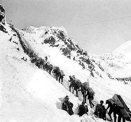Prospectors ascending the Chilkoot Pass in a long line
