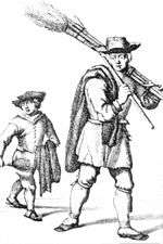 A line drawing of an 18th-century man and boy, the man carrying long tools such as a broom.