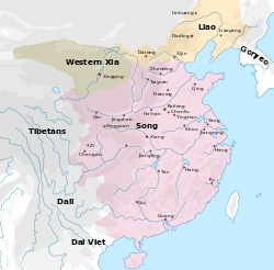 A map showing the territory of the Song, Liao, and Western Xia dynasties. The Song occupies the east half of what constitutes the territory of the modern People's Republic of China, except for the northernmost areas (modern Inner Mongolia and above). Western Xia occupies a small strip of land surrounding a river in what is now Inner Mongolia and Ningxia, and the Liao occupy a large section of what is today north-east China.