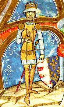 A bearded man in armours wearing a crown and holding a coat-of-arms which depicts the stripes of Hungary and the lilies of France