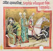 A man wearing a ducal hat sits on the throne speaks with an other man while a horseman is taking the crown