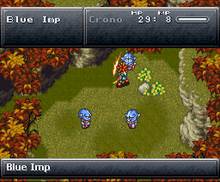 A wooded area rendered in the Super NES' graphics, two gray status bars (one at the top, one at the bottom of the screen), three "Blue Imp" enemies surrounding the character Crono in the middle of the area, Crono slashing at the topmost imp which has a surprised expression on its face