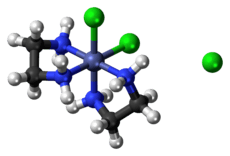 Ball-and-stick models of the cis-dichlorobis(ethylenediamine)cobalt(III) chloride complex