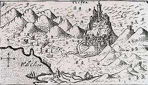 The location of the fortress on the image from the 16th century