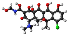 Ball-and-stick model of the clomocycline molecule