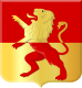 Lion rampant, top half yellow on red background, bottom half red on yellow background